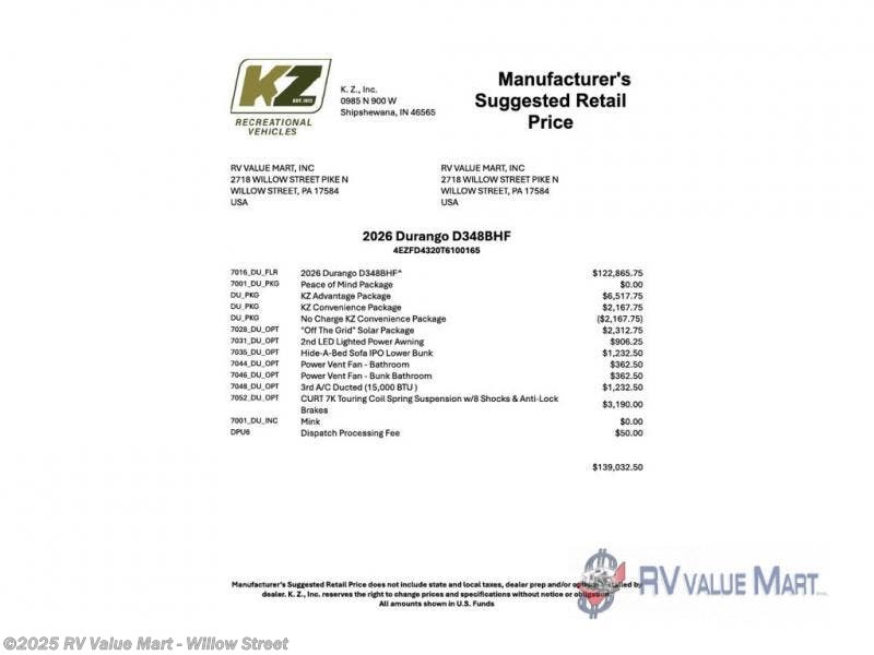 New 2026 K-Z Durango D348BHF available in Willow Street, Pennsylvania