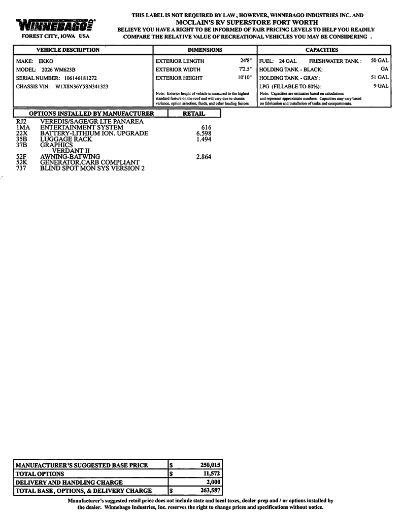 New 2026 Winnebago Ekko 23B available in Fort Worth, Texas
