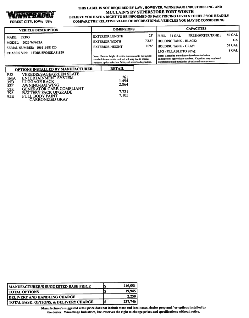 New 2026 Winnebago Ekko 22A available in Fort Worth, Texas