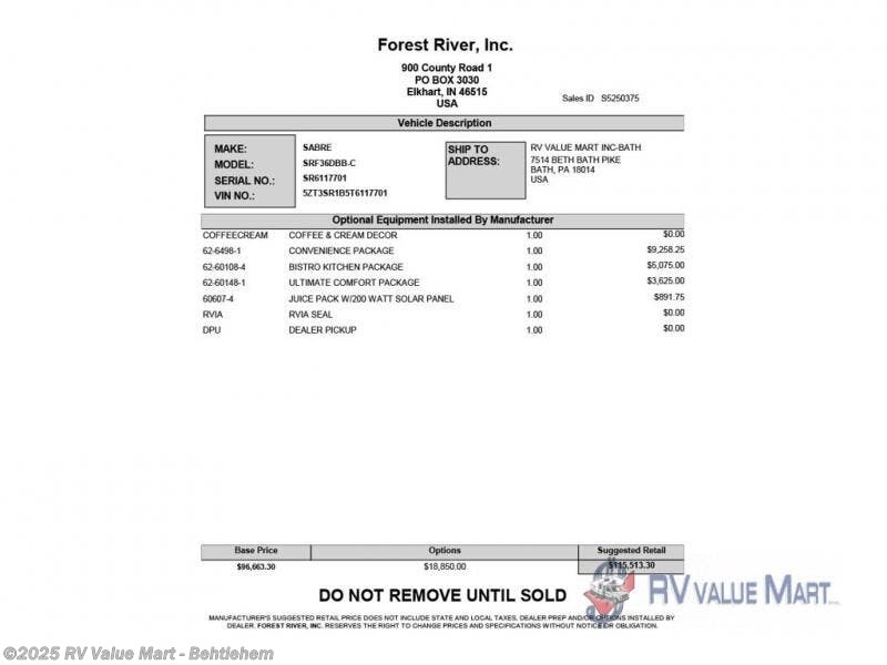 New 2026 Forest River Sabre 36DBB available in Bath, Pennsylvania