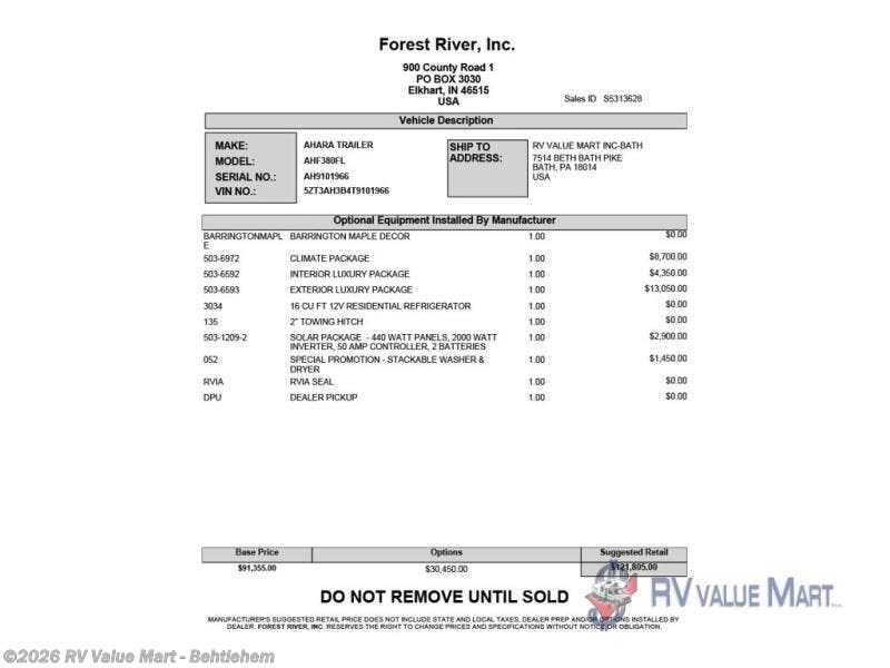 New 2026 East to West Ahara 380FL available in Bath, Pennsylvania