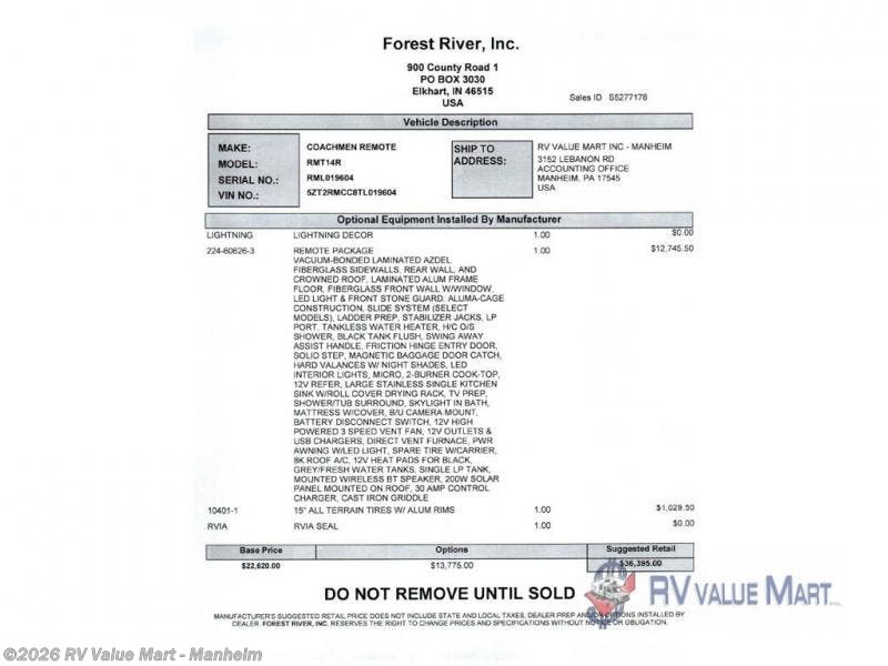 New 2026 Coachmen Remote 14R available in Manheim, Pennsylvania