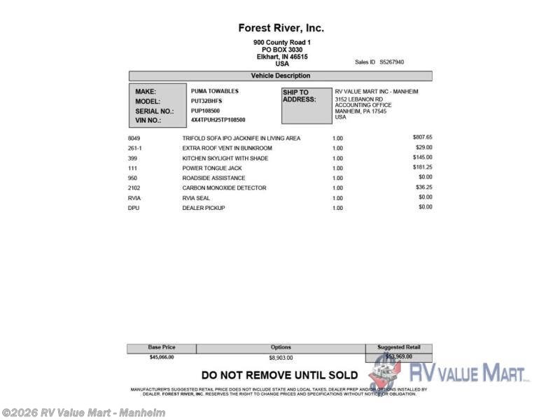 New 2026 Forest River Puma 32BHFS available in Manheim, Pennsylvania