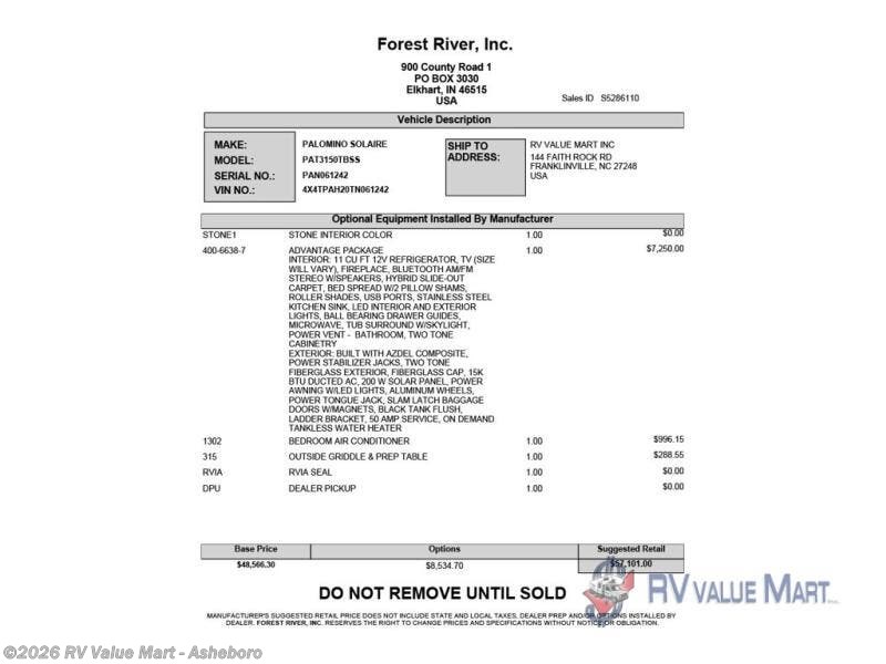 New 2026 Forest River Solaire 3150TBSS available in Franklinville, North Carolina